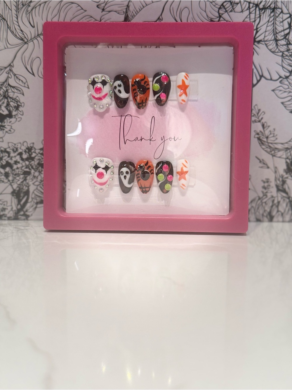 Pink Halloween Press-On Nail Set with Ghost & Pumpkin Accents